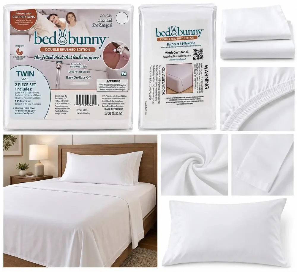 Bed Bunny Double Brushed Edition Twin Flat Sheet & Pillowcase Set – White